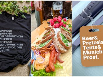 Triple image of T-shirt with Ein Prosit lyrics, a brotzeit, and a brown oktoberfest luggage tag