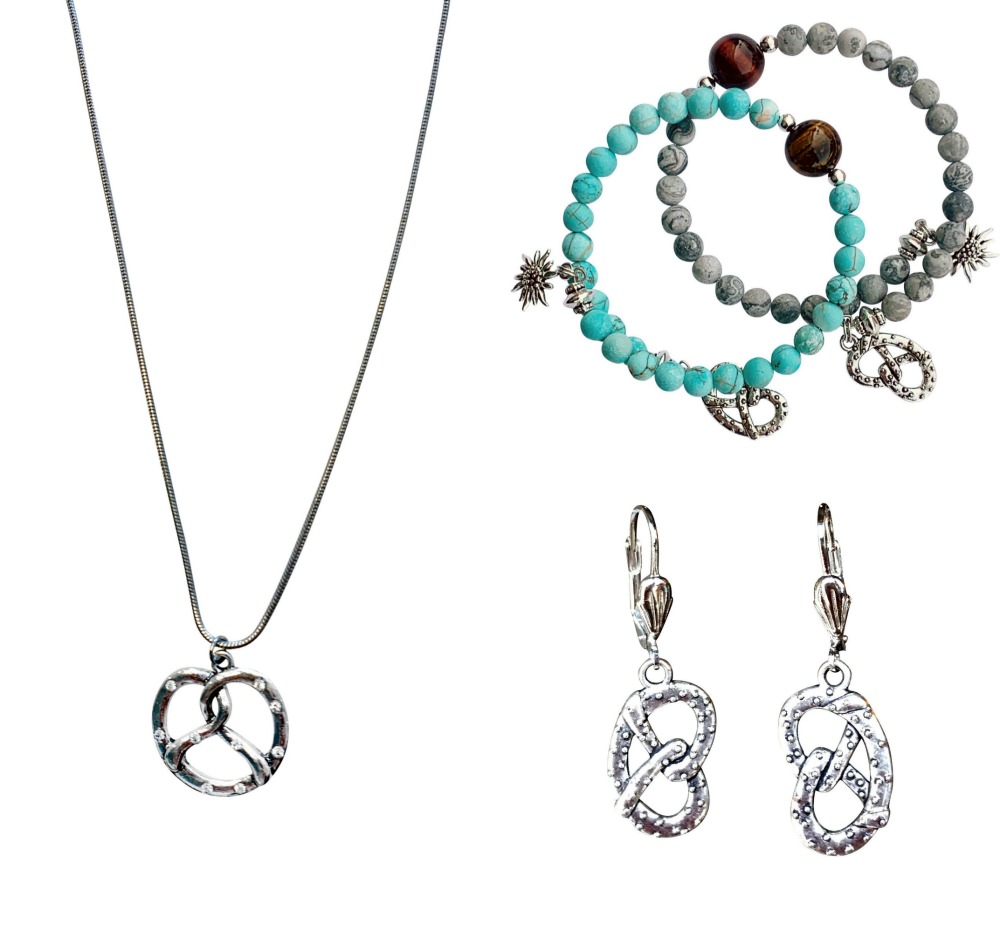 oktoberfest jewelry from rare dirndl like pretzel necklace, pretzel earrings, pretzel and edelweiss bracelets