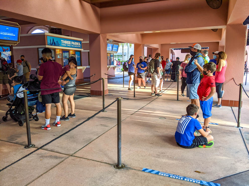 Social distancing at the entrance to Universal Orlando during the pandemic