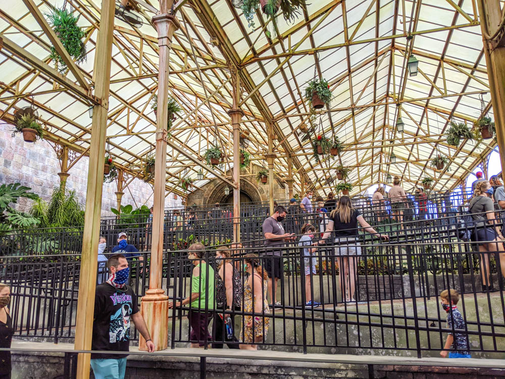 People in line at Hogwarts ride at Wizarding World of Harry Potter at Universal Orlando during the pandemic