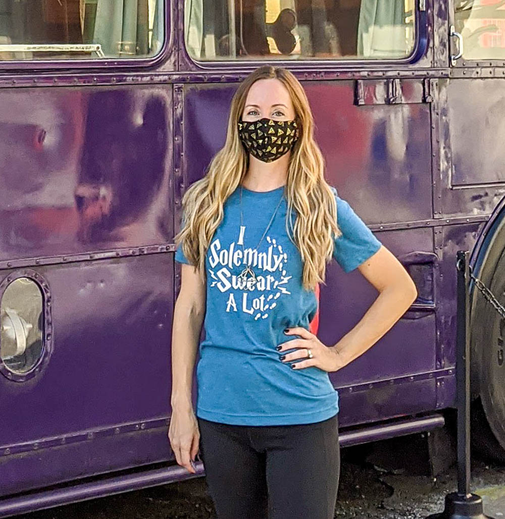 Me wearing a mask at Wizarding World of Harry Potter at Universal Orlando during the pandemic