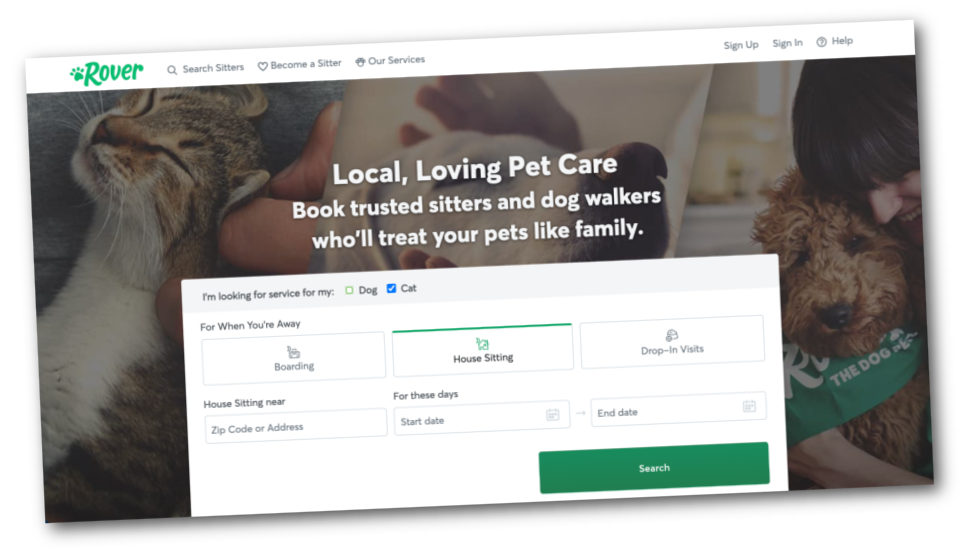 screenshot of Rover.com for hiring pet sitters