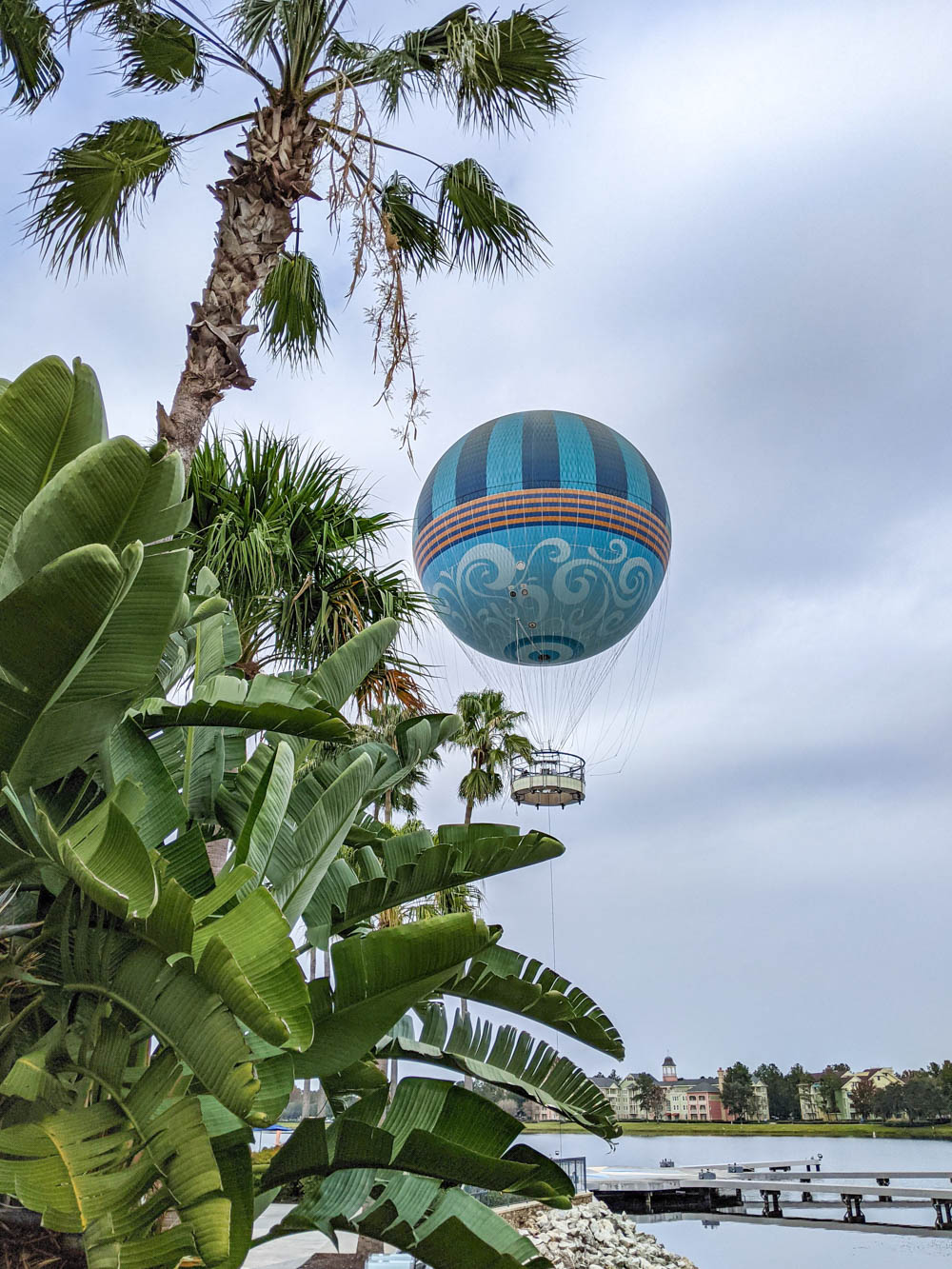 hot air balloon seen behind palm trees