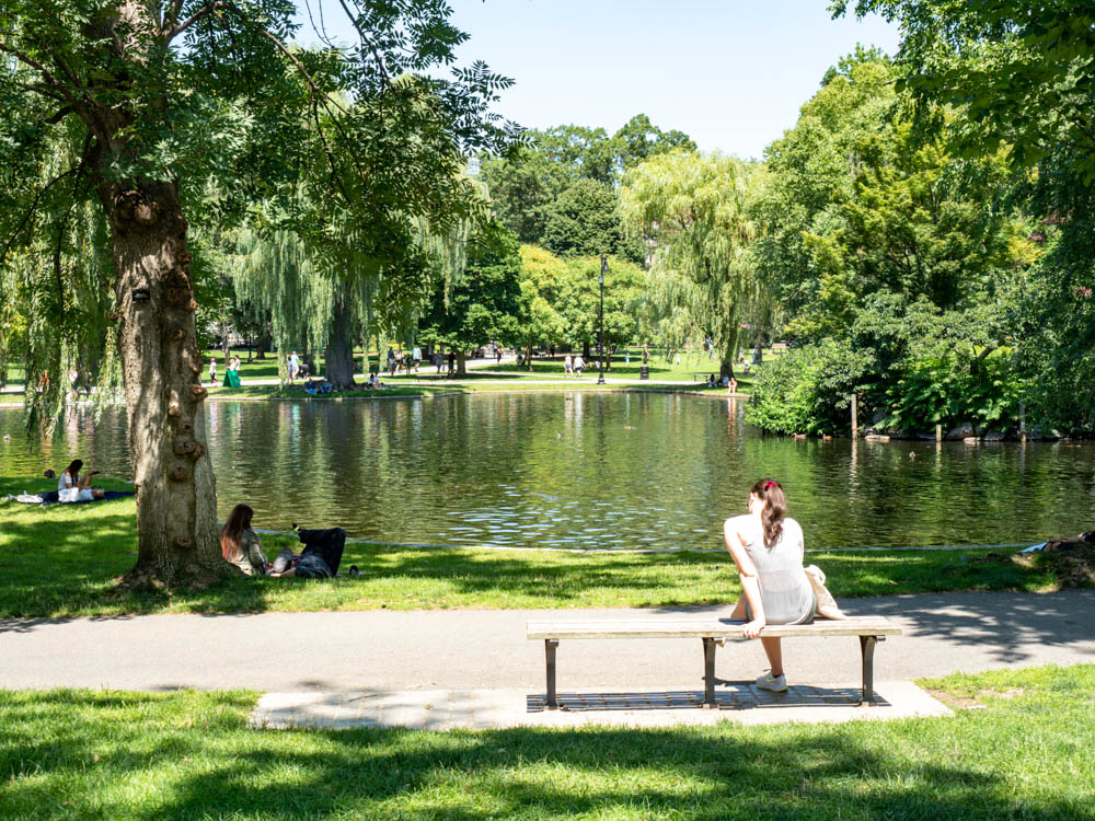 Girl on a bench in a park in front of a lake