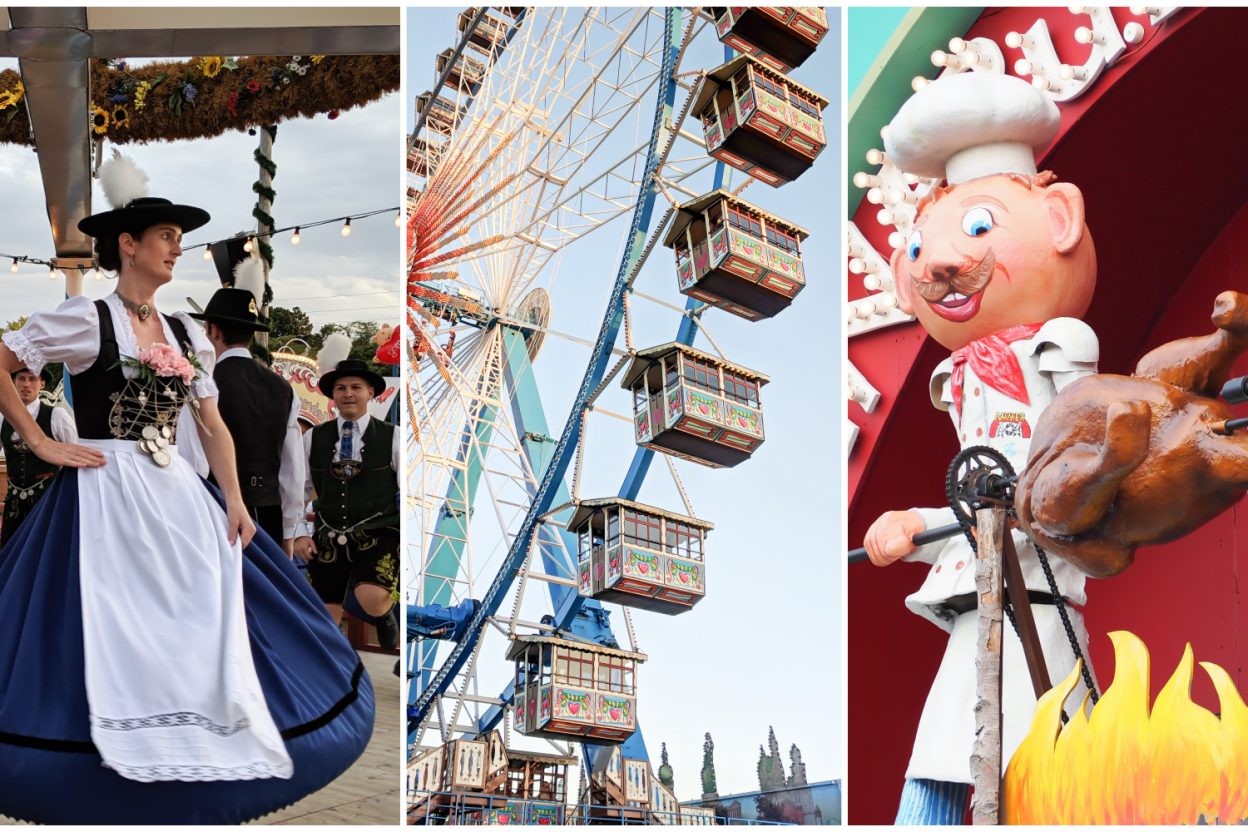 3-part image with oktoberfest dancer, ferris wheel, and fake oktoberfest chef