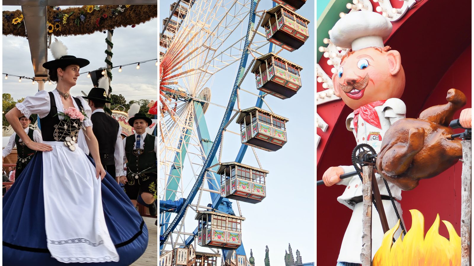 3-part image with oktoberfest dancer, ferris wheel, and fake oktoberfest chef