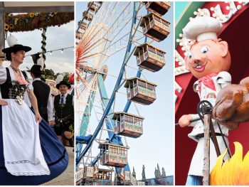 3-part image with oktoberfest dancer, ferris wheel, and fake oktoberfest chef