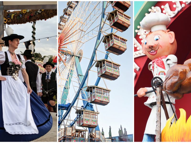 3-part image with oktoberfest dancer, ferris wheel, and fake oktoberfest chef