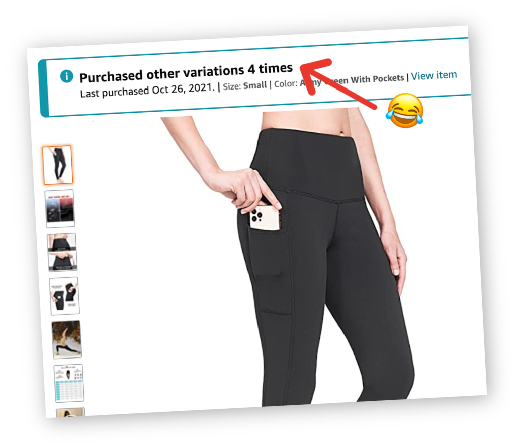 screenshot of leggings page on amazon that shows 5 purchases of variations