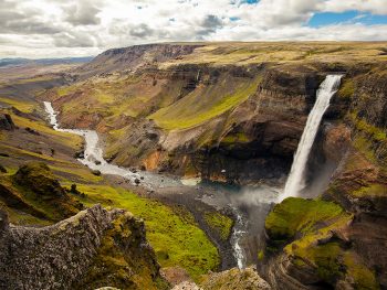 tall waterfall, river, valley, blue sky