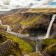 tall waterfall, river, valley, blue sky