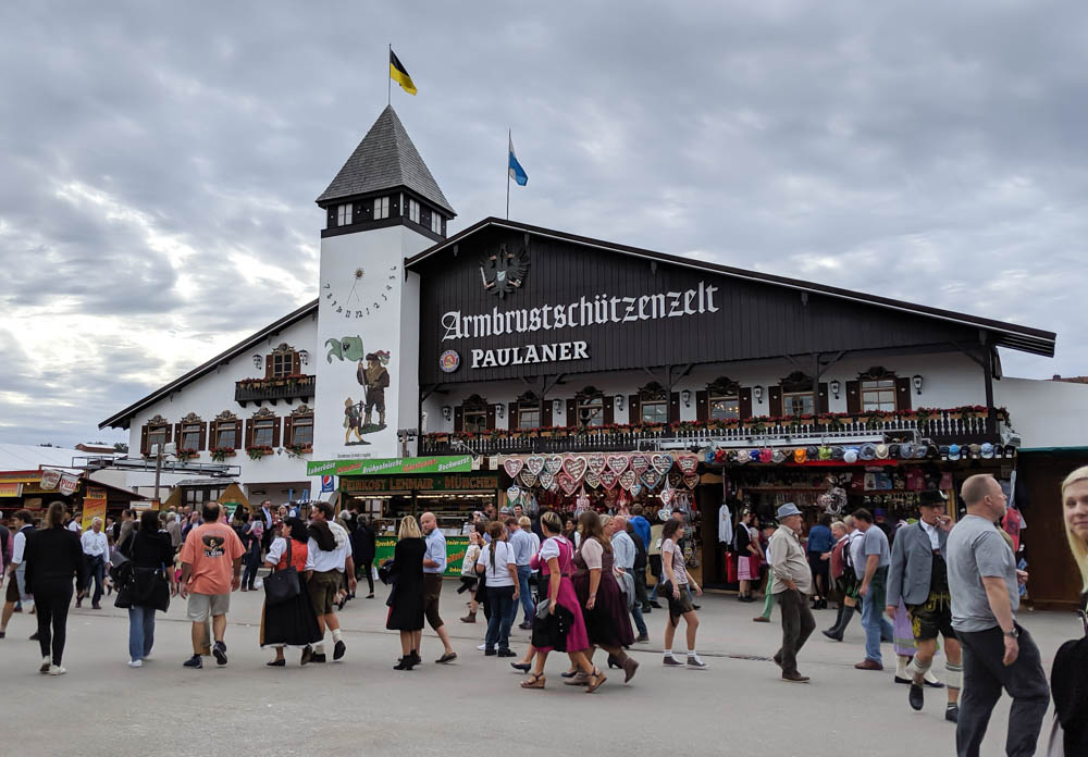 exterior shot of armbrustschutzenzelt oktoberfest beer tent