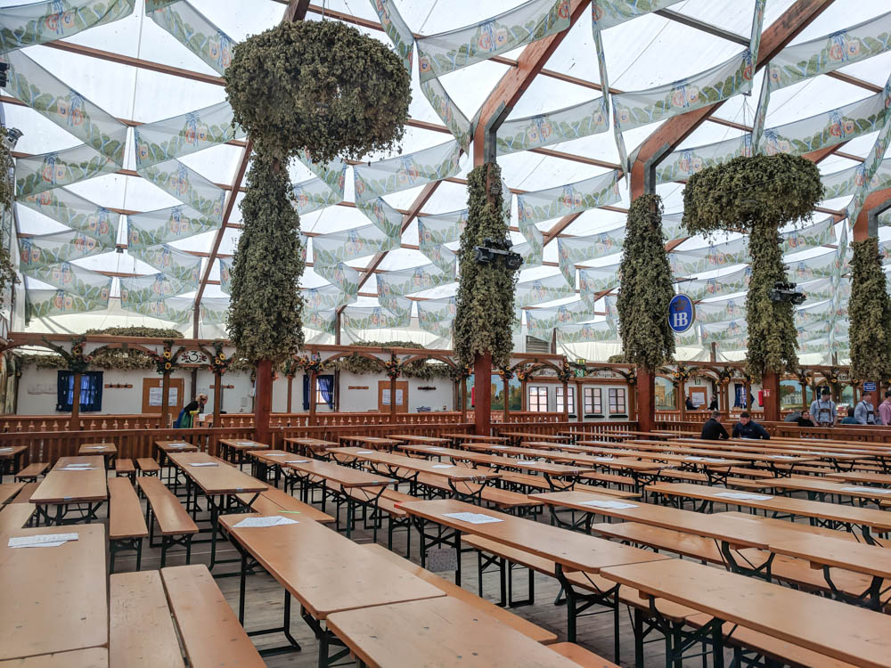 empty hofbrau oktoberfest beer tent