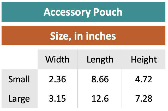 Size Chart for travel accessory pouch, two sizes