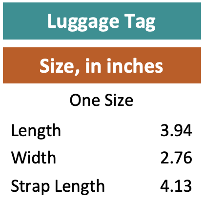 Size Chart for travel luggage tag with strap