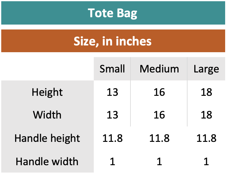 Size Chart for tote bag with strap, 3 sizes