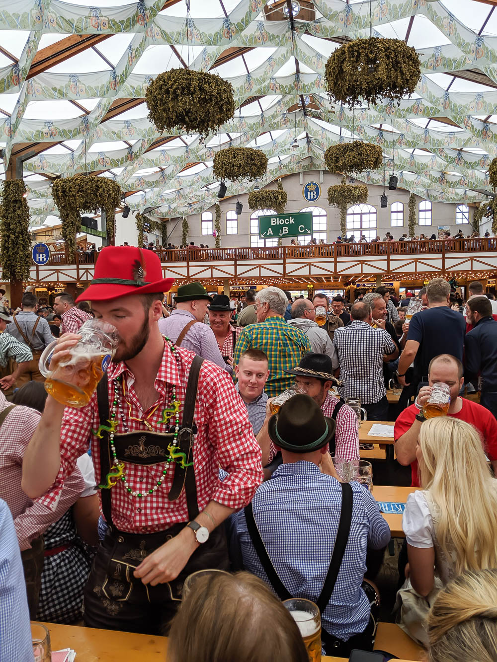 man in lederhosen and german hat drinking beer inside hofbrau tent