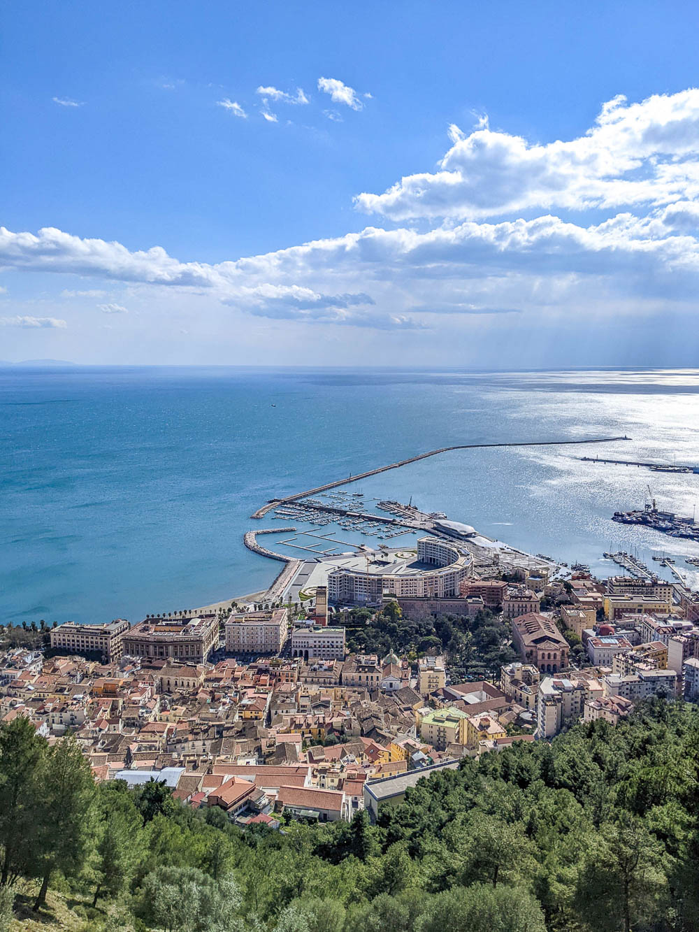 view of coastline and rooftops from castle