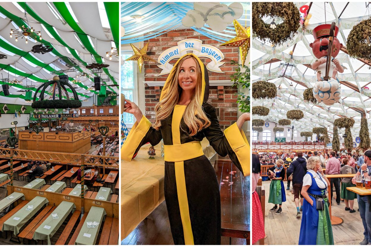 three photos: inside oktoberfest beer tent with green and white banners, me in a monk uniform, angel hanging above people in a beer tent