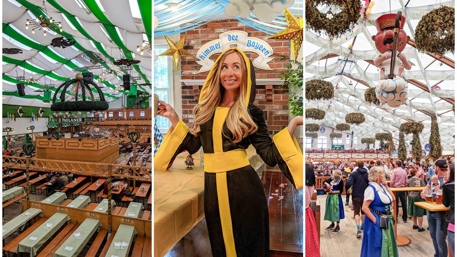 three photos: inside oktoberfest beer tent with green and white banners, me in a monk uniform, angel hanging above people in a beer tent