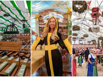 three photos: inside oktoberfest beer tent with green and white banners, me in a monk uniform, angel hanging above people in a beer tent