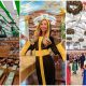 three photos: inside oktoberfest beer tent with green and white banners, me in a monk uniform, angel hanging above people in a beer tent