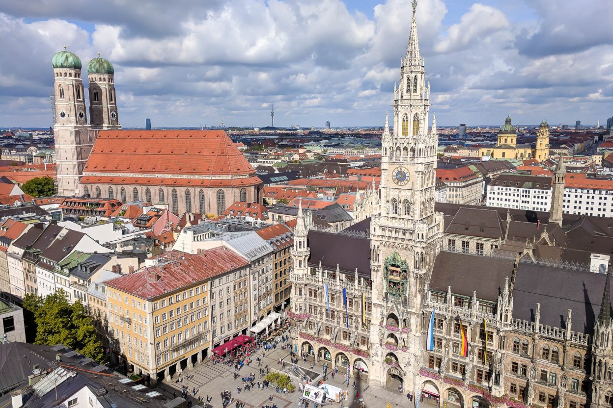 overhead shot of munich's old town hall and frauenkirche from st peters tower