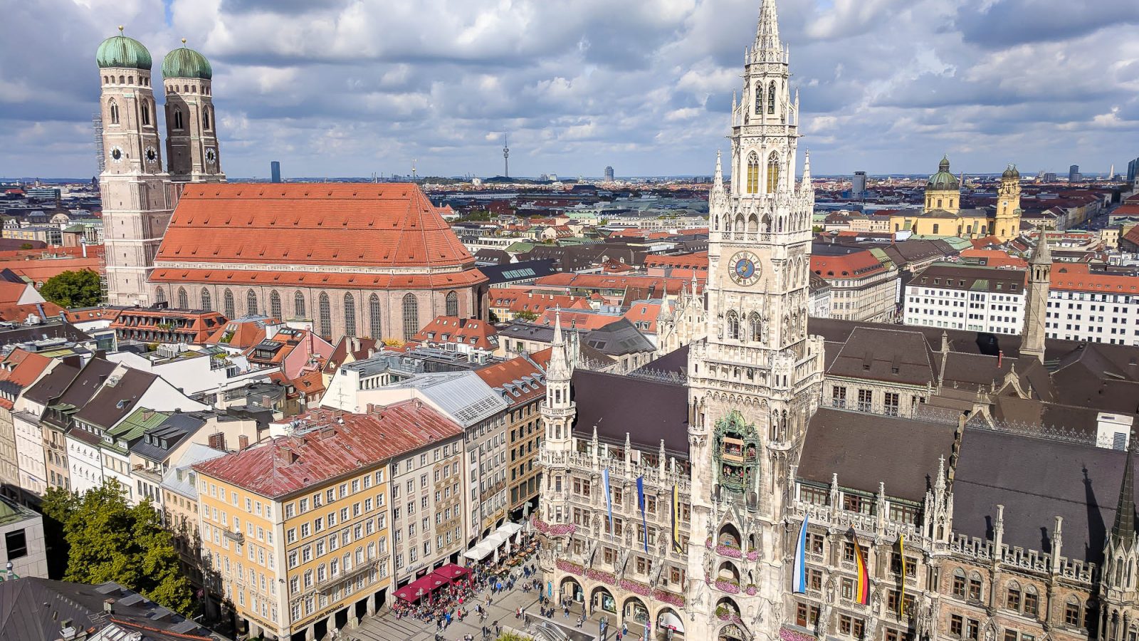 overhead shot of munich's old town hall and frauenkirche from st peters tower