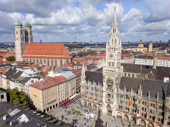 overhead shot of munich's old town hall and frauenkirche from st peters tower