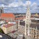 overhead shot of munich's old town hall and frauenkirche from st peters tower