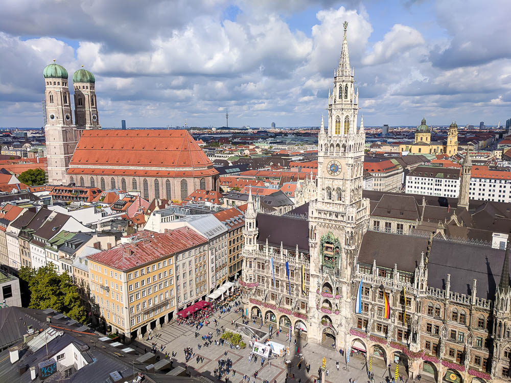 looking down on munich town hall and famous church