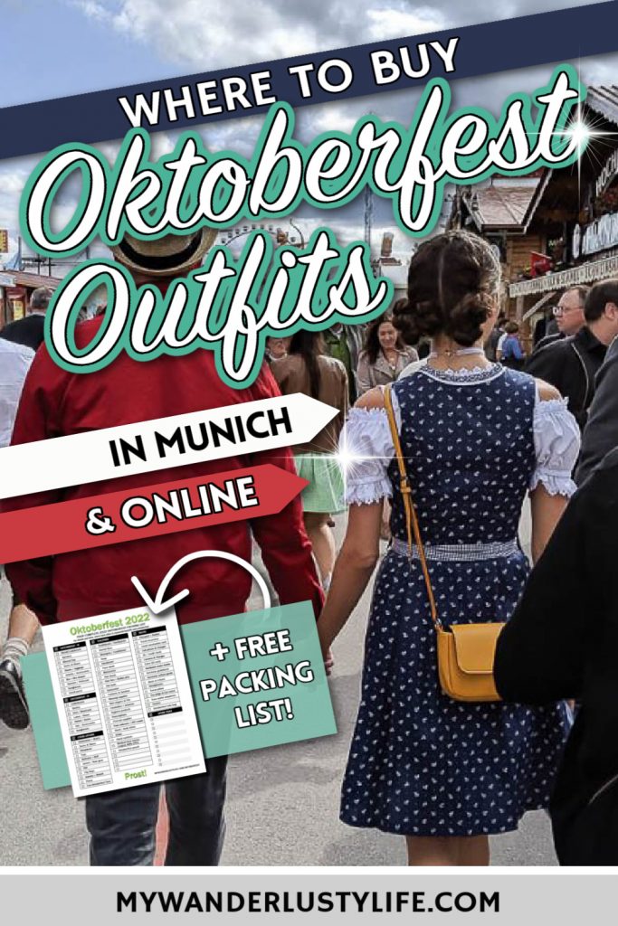 pinterest image with the post's title and a girl in a dirndl walking at Oktoberfest