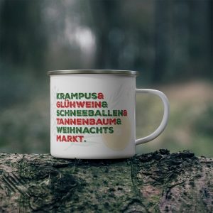 German Christmas glühwein mug on a log