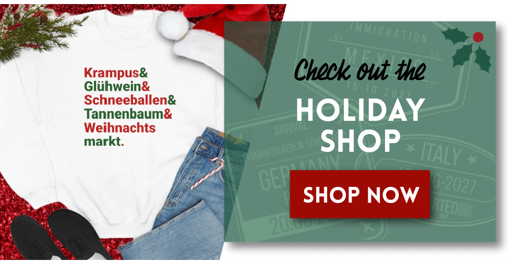 Holiday shop display ad with German christmas white sweatshirt
