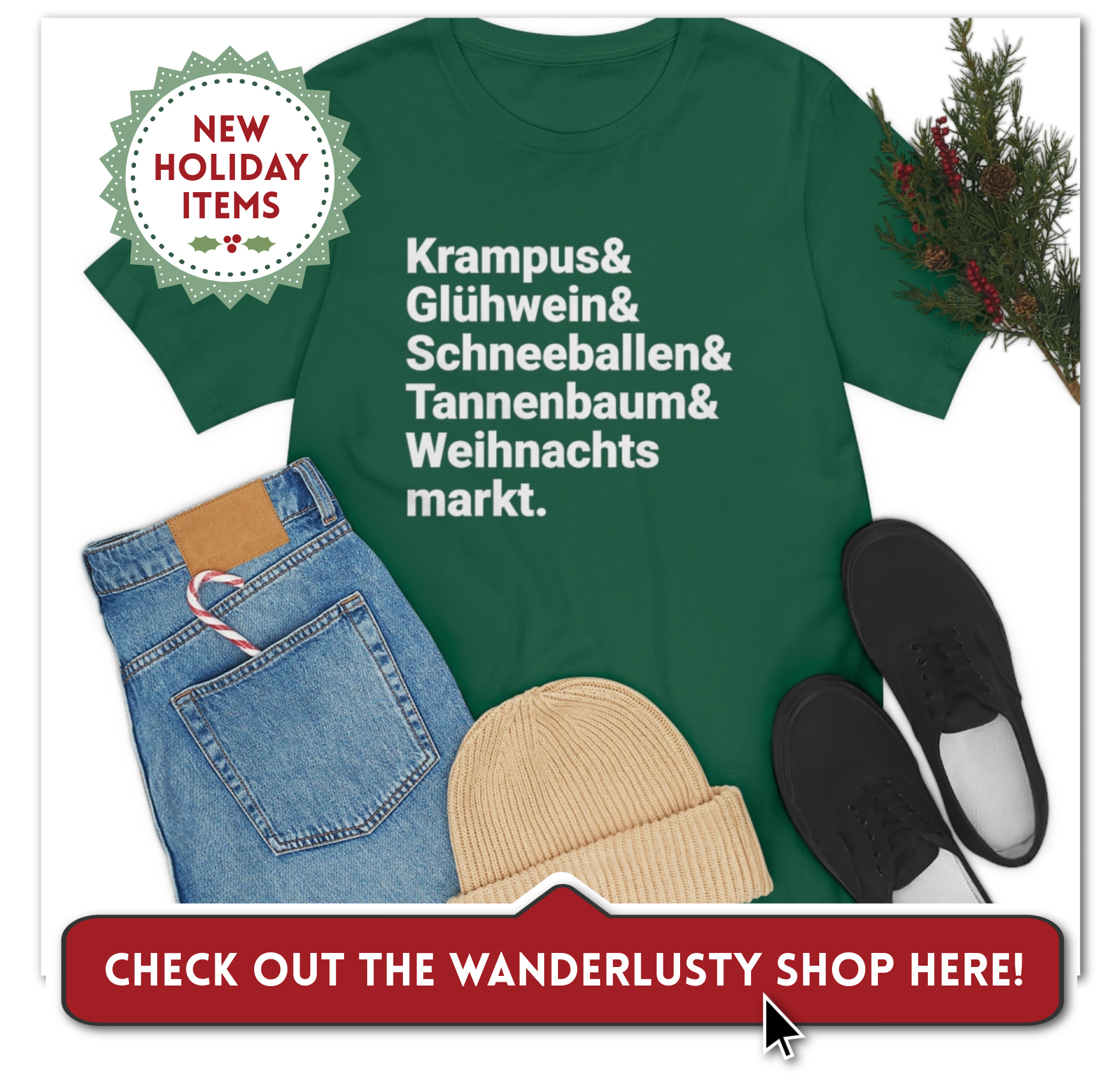 Holiday shop display ad with German christmas green tee
