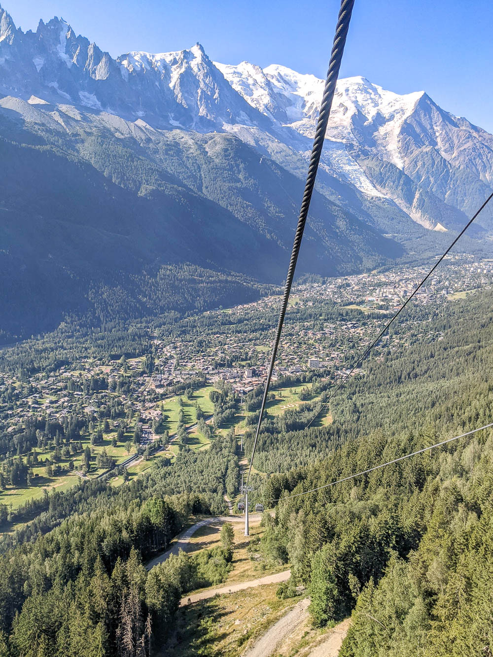 looking down on the chamonix valley from the cable car to la flegere