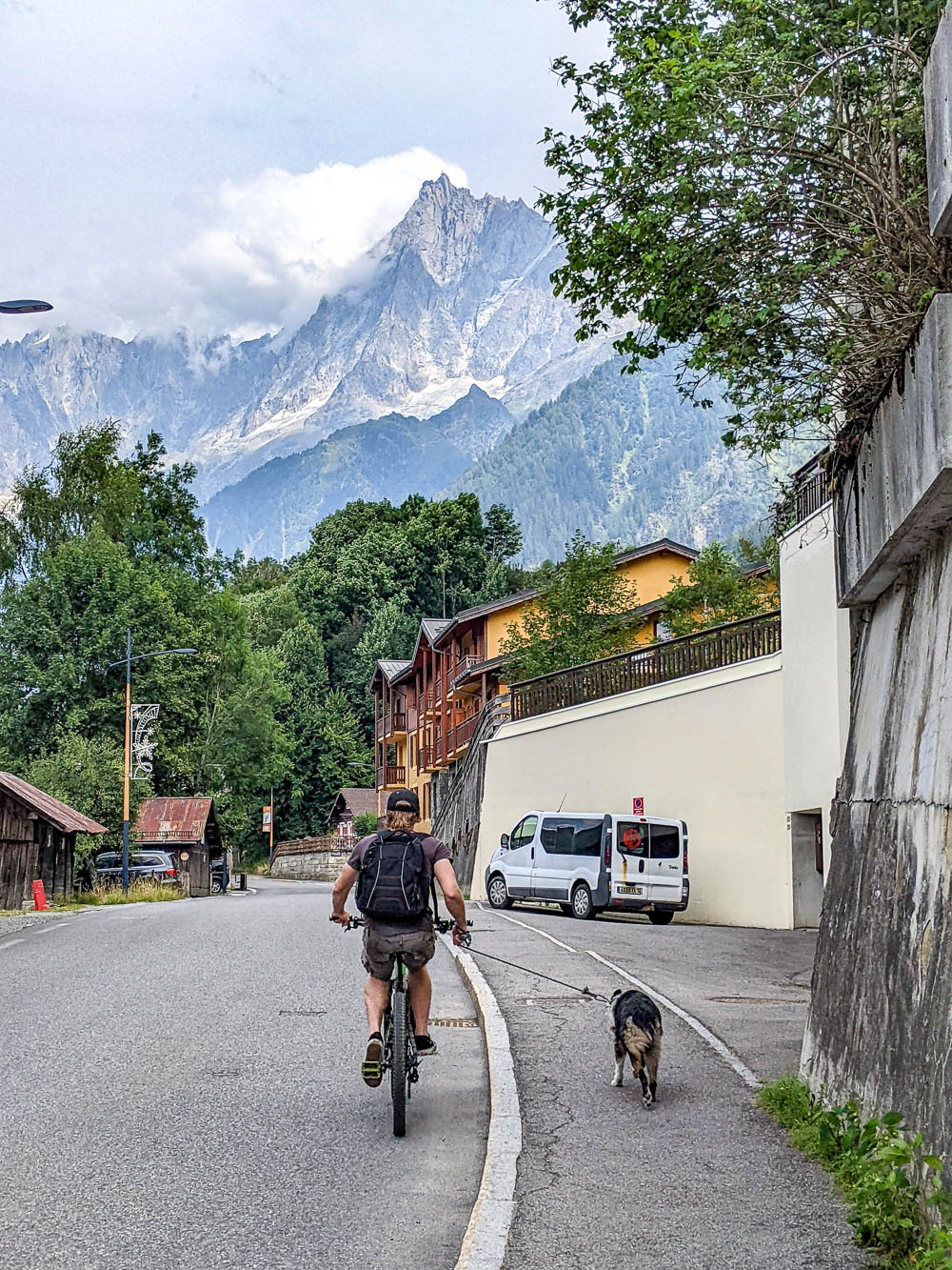 a man on a bike walking a dog with big mountains in the background