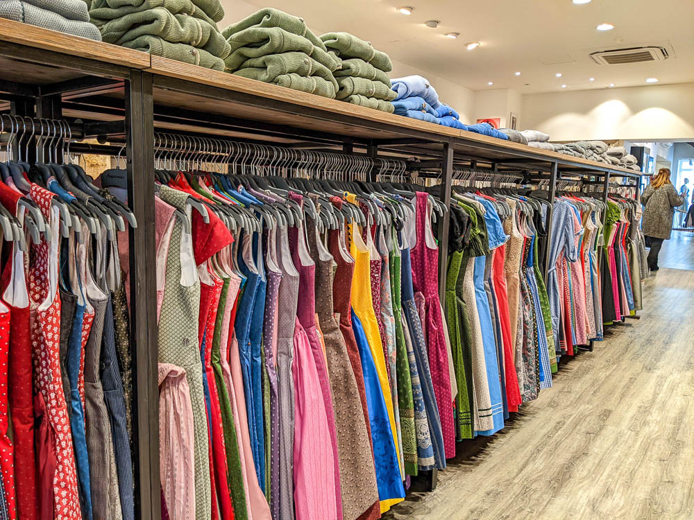 long rack of dirndls in a clothing shop
