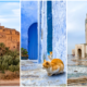three images: an ancient kasbah, an orange cat sitting in front of a blue door, and a tan and green mosque on an overcast day
