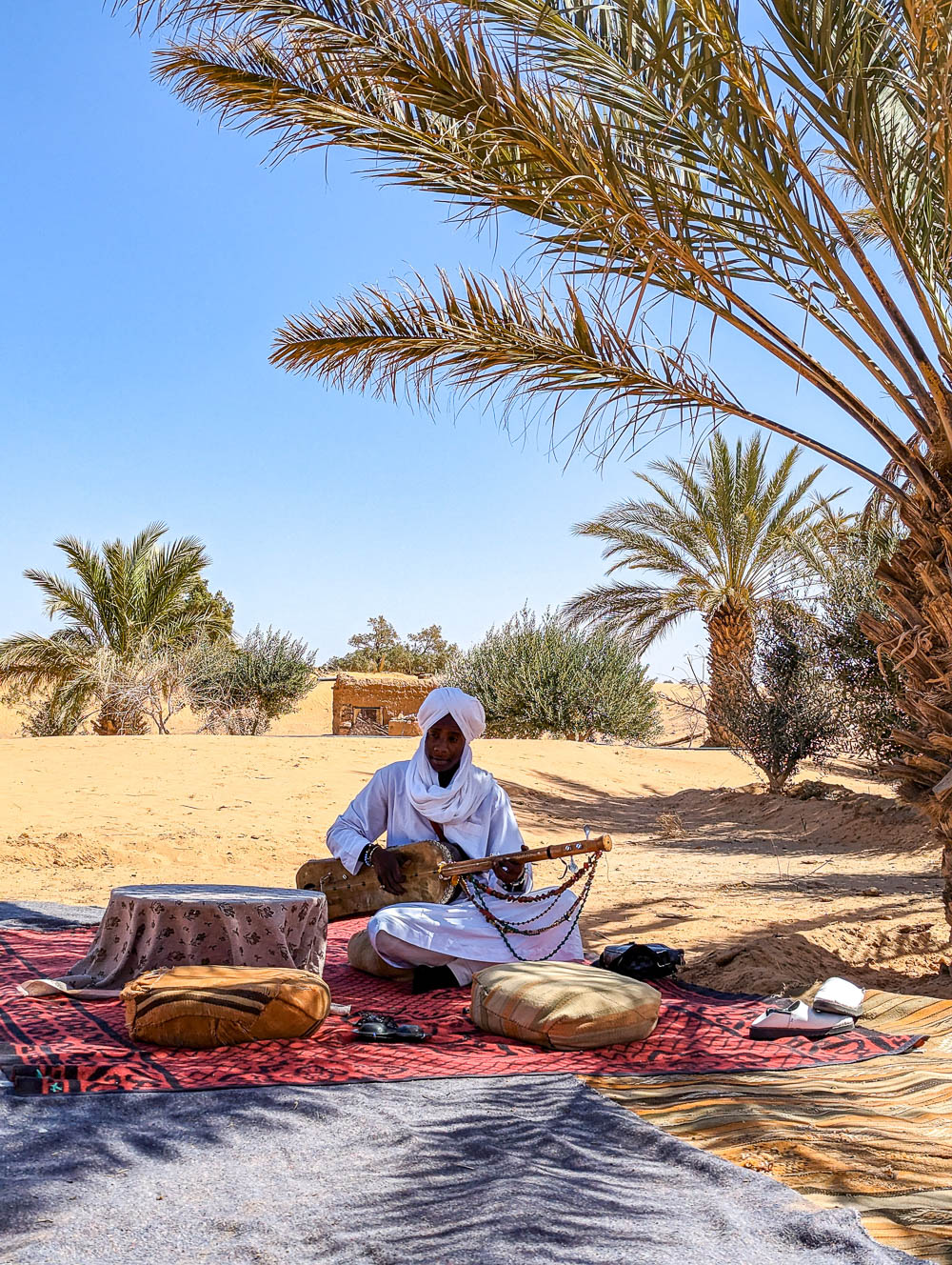 man in white robes holding a guitar and sitting under some palm trees