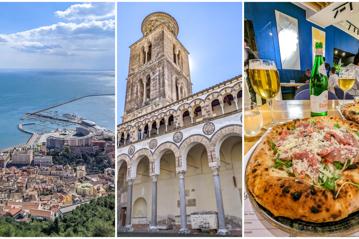 three images: overhead view of city and ocean, church bell tower, table with pizza and beer