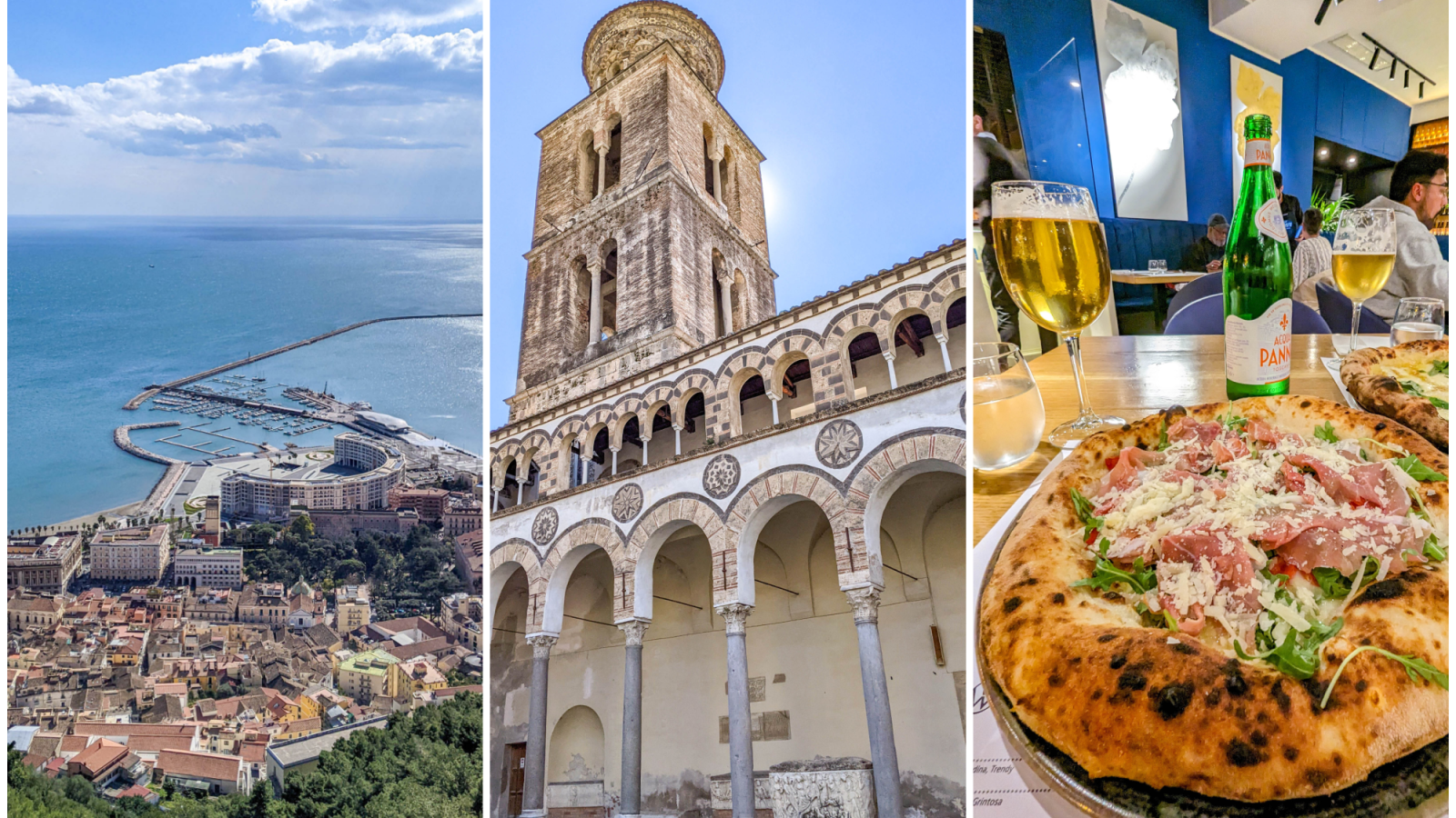 three images: overhead view of city and ocean, church bell tower, table with pizza and beer