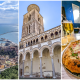 three images: overhead view of city and ocean, church bell tower, table with pizza and beer