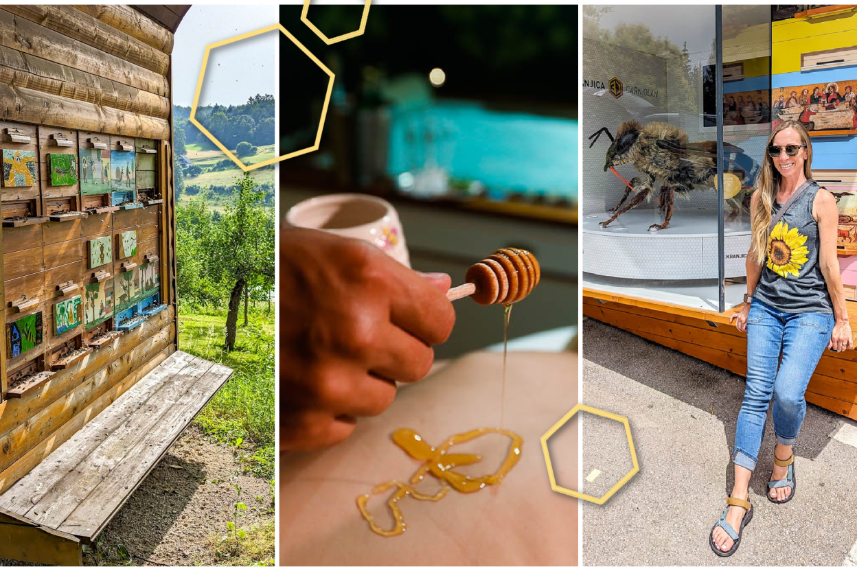 Triple image of beehives, drizzling honey on a person, and a women next to a giant honeybee