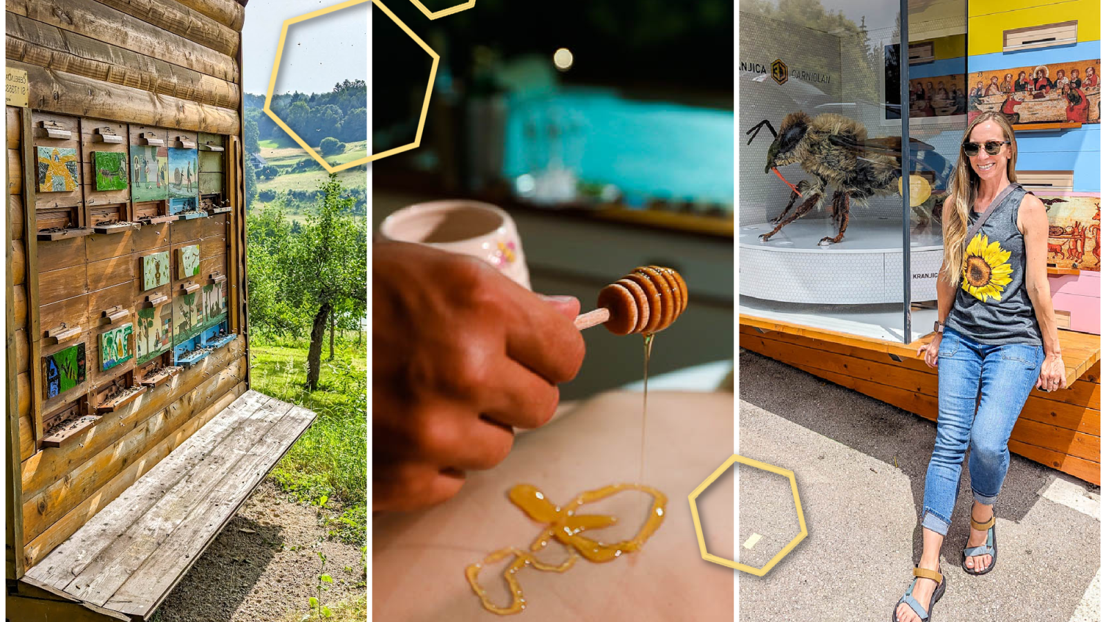 Triple image of beehives, drizzling honey on a person, and a women next to a giant honeybee