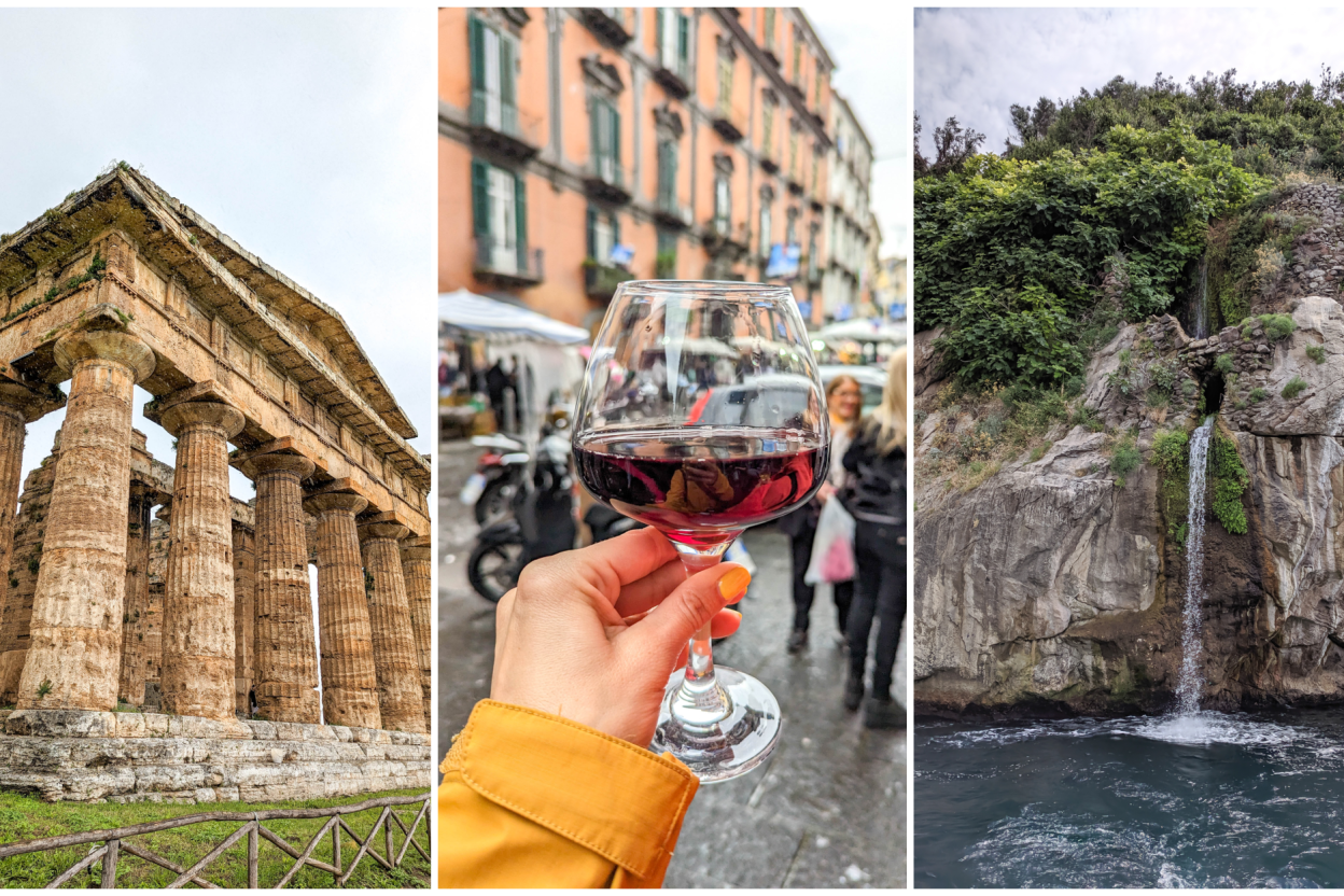 three pictures in one - an ancient greek temple, a hand holding a glass of red wine, and a small waterfall into the ocean