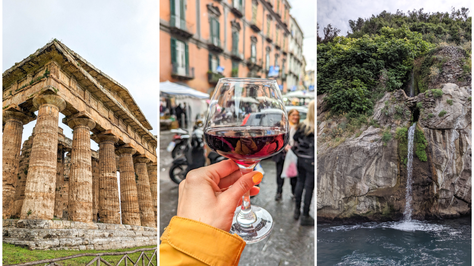three pictures in one - an ancient greek temple, a hand holding a glass of red wine, and a small waterfall into the ocean