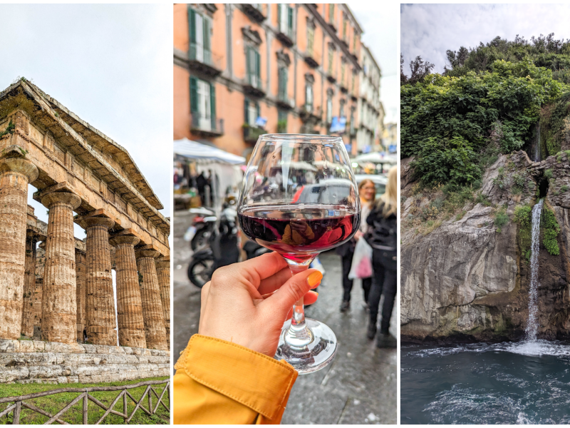 three pictures in one - an ancient greek temple, a hand holding a glass of red wine, and a small waterfall into the ocean
