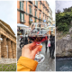 three pictures in one - an ancient greek temple, a hand holding a glass of red wine, and a small waterfall into the ocean