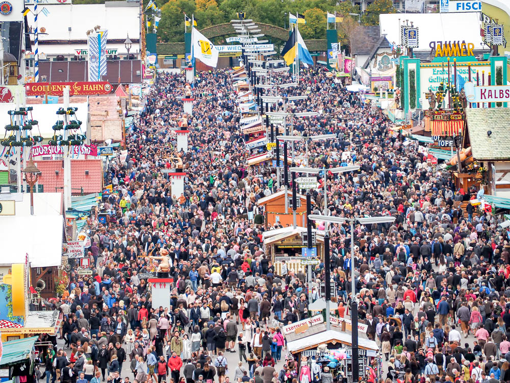 View of oktoberfest crowds as seen from above